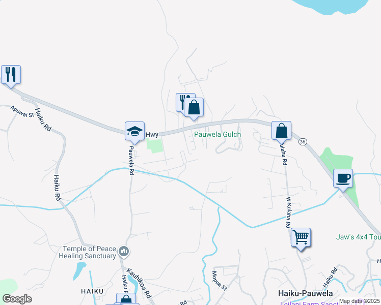 map of restaurants, bars, coffee shops, grocery stores, and more near 66 Puu Koa Place in Haiku-Pauwela