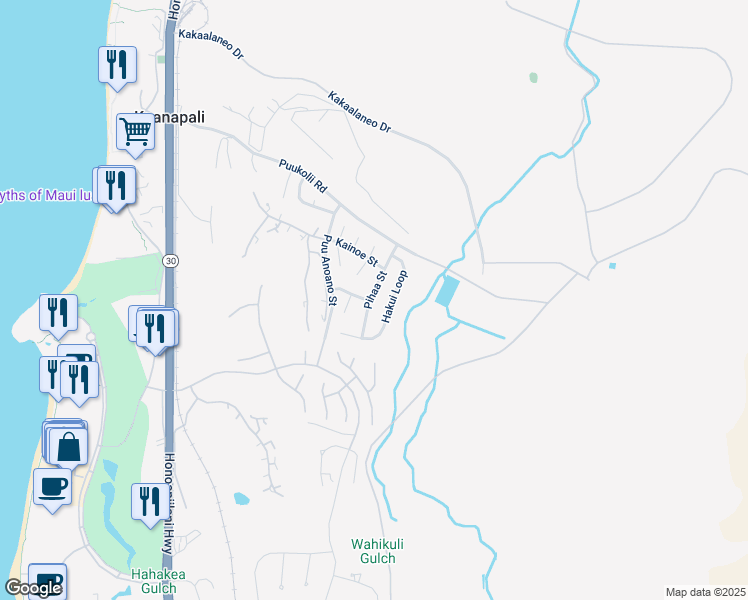 map of restaurants, bars, coffee shops, grocery stores, and more near 101 Pihaa Street in Lahaina