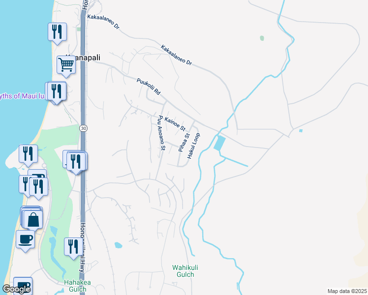 map of restaurants, bars, coffee shops, grocery stores, and more near 101 Pihaa Street in Lahaina