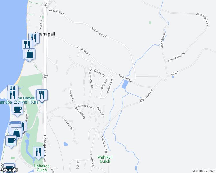 map of restaurants, bars, coffee shops, grocery stores, and more near 94 Hakui Loop in Lahaina