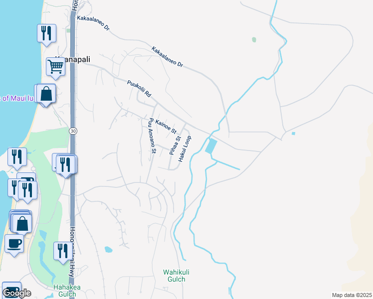 map of restaurants, bars, coffee shops, grocery stores, and more near 87 Hakui Loop in Lahaina