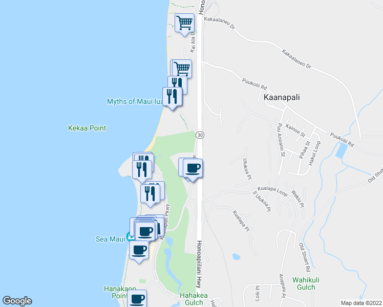 map of restaurants, bars, coffee shops, grocery stores, and more near Honoapiilani Highway in Lahaina