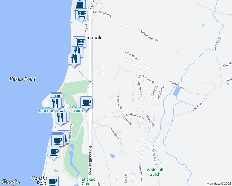 map of restaurants, bars, coffee shops, grocery stores, and more near 215 Kalaihi Place in Lahaina
