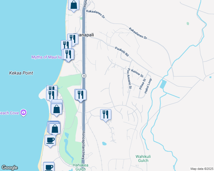 map of restaurants, bars, coffee shops, grocery stores, and more near 215 Kalaihi Place in Lahaina