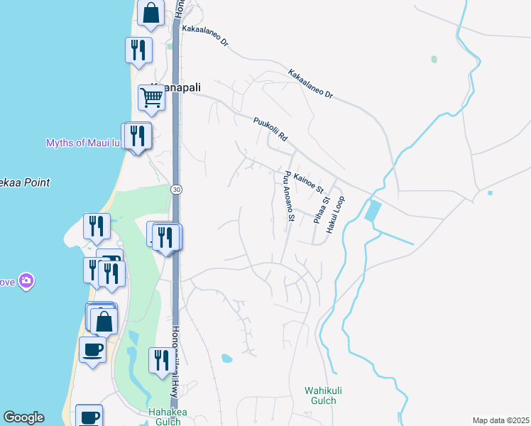 map of restaurants, bars, coffee shops, grocery stores, and more near 50 Puu Anoano Street in Lahaina
