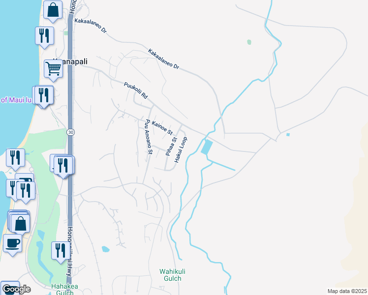 map of restaurants, bars, coffee shops, grocery stores, and more near 77 Hakui Loop in Lahaina