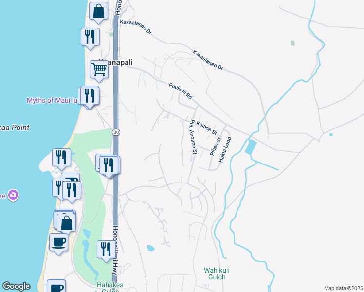 map of restaurants, bars, coffee shops, grocery stores, and more near 50 Puu Anoano Street in Lahaina