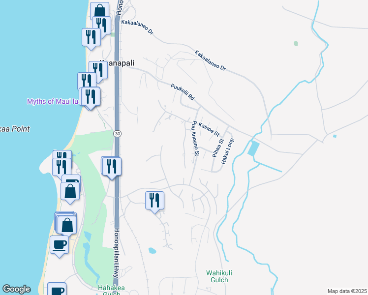 map of restaurants, bars, coffee shops, grocery stores, and more near 50 Puu Anoano Street in Lahaina