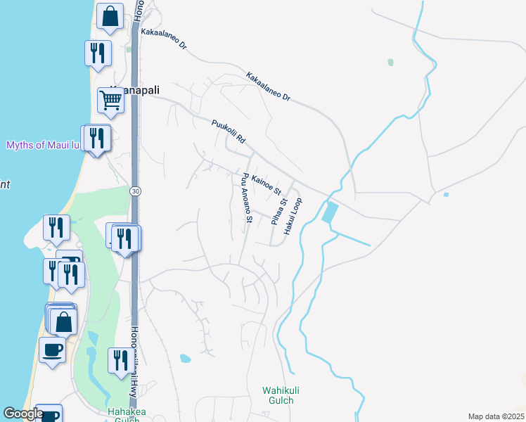 map of restaurants, bars, coffee shops, grocery stores, and more near 319 Mauli Street in Lahaina