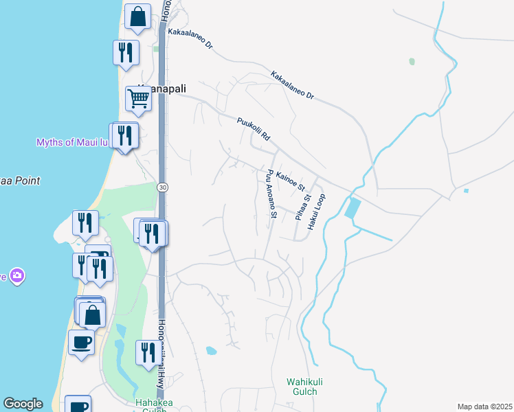 map of restaurants, bars, coffee shops, grocery stores, and more near 50 Puu Anoano Street in Lahaina