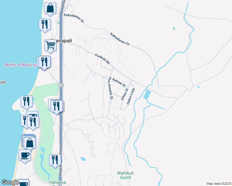 map of restaurants, bars, coffee shops, grocery stores, and more near 315 Mauli Street in Lahaina