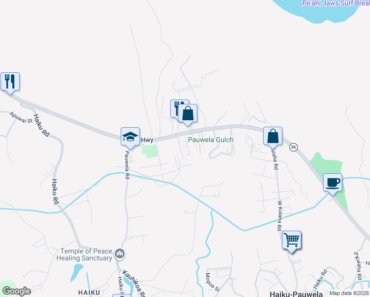 map of restaurants, bars, coffee shops, grocery stores, and more near 2916 Hana Highway in Haiku-Pauwela