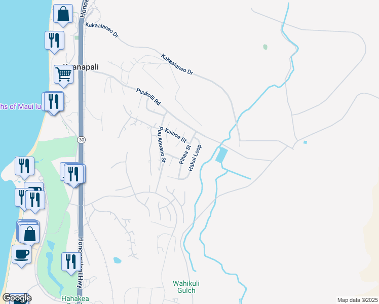 map of restaurants, bars, coffee shops, grocery stores, and more near 71 Pihaa Street in Lahaina