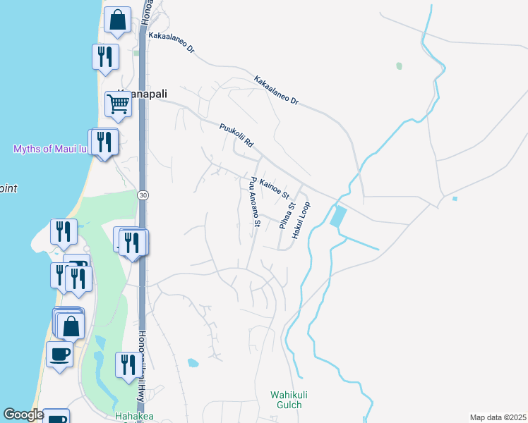 map of restaurants, bars, coffee shops, grocery stores, and more near 309 Mauli Street in Lahaina
