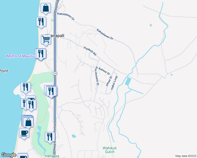 map of restaurants, bars, coffee shops, grocery stores, and more near 129 Mauli Street in Lahaina