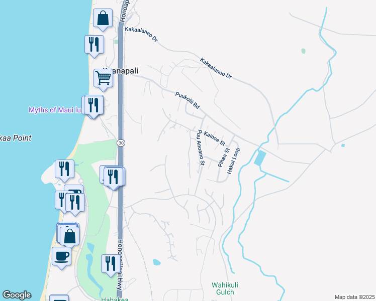 map of restaurants, bars, coffee shops, grocery stores, and more near 50 Puu Anoano Street in Lahaina