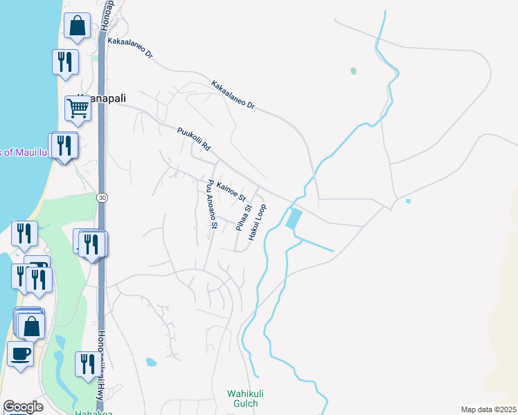 map of restaurants, bars, coffee shops, grocery stores, and more near 54 Hakui Loop in Lahaina