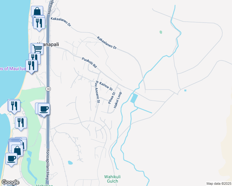 map of restaurants, bars, coffee shops, grocery stores, and more near 51 Pihaa Street in Lahaina