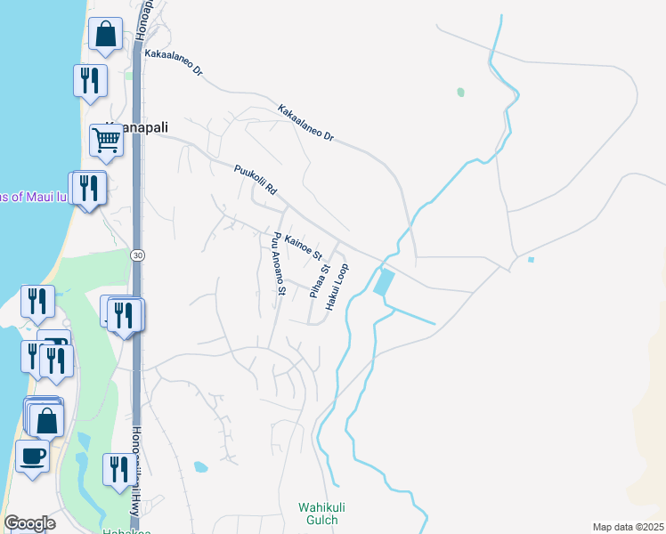 map of restaurants, bars, coffee shops, grocery stores, and more near 51 Pihaa Street in Lahaina