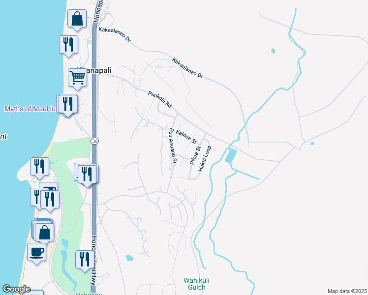 map of restaurants, bars, coffee shops, grocery stores, and more near 80 South Piki Place in Lahaina