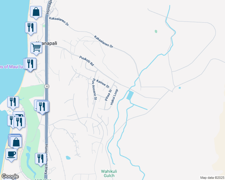 map of restaurants, bars, coffee shops, grocery stores, and more near 51 Pihaa Street in Lahaina