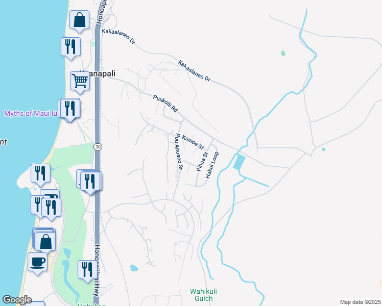 map of restaurants, bars, coffee shops, grocery stores, and more near 80 South Piki Place in Lahaina
