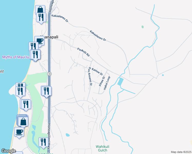 map of restaurants, bars, coffee shops, grocery stores, and more near 80 South Piki Place in Lahaina