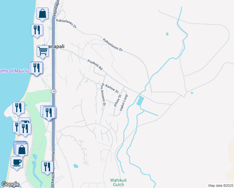 map of restaurants, bars, coffee shops, grocery stores, and more near 350 Kainoe Street in Lahaina