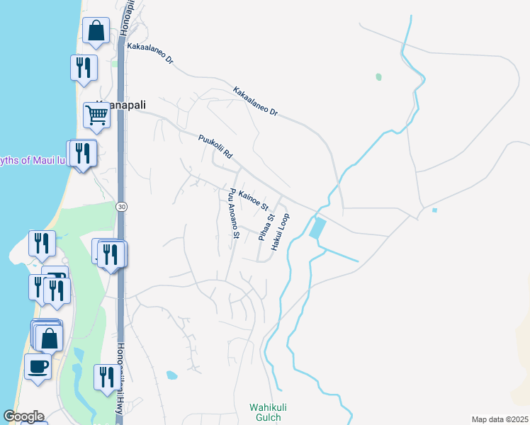 map of restaurants, bars, coffee shops, grocery stores, and more near 350 Kainoe Street in Lahaina