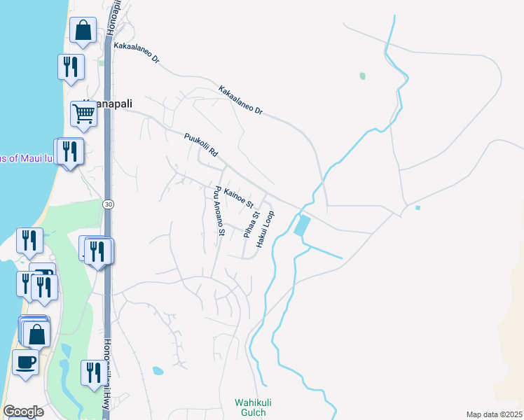 map of restaurants, bars, coffee shops, grocery stores, and more near 41 Pihaa Street in Lahaina