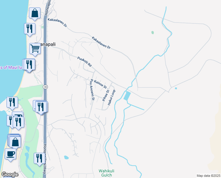 map of restaurants, bars, coffee shops, grocery stores, and more near 41 Pihaa Street in Lahaina