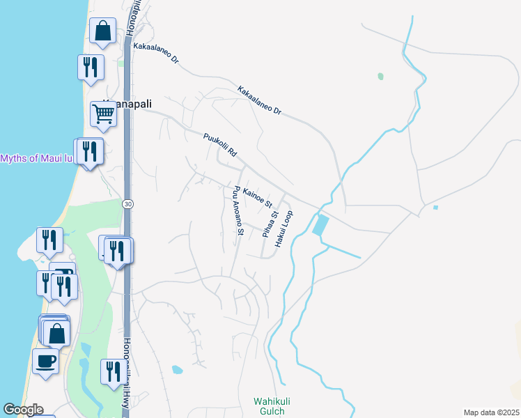 map of restaurants, bars, coffee shops, grocery stores, and more near 60 South Piki Place in Lahaina
