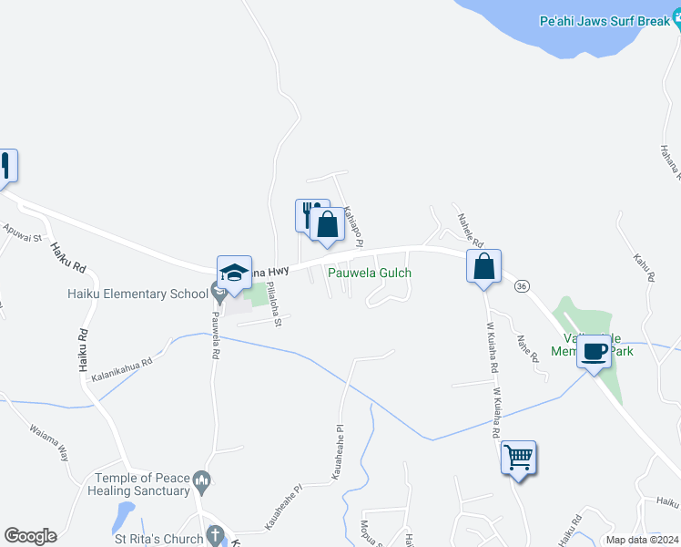 map of restaurants, bars, coffee shops, grocery stores, and more near Kahope Place in Haiku-Pauwela