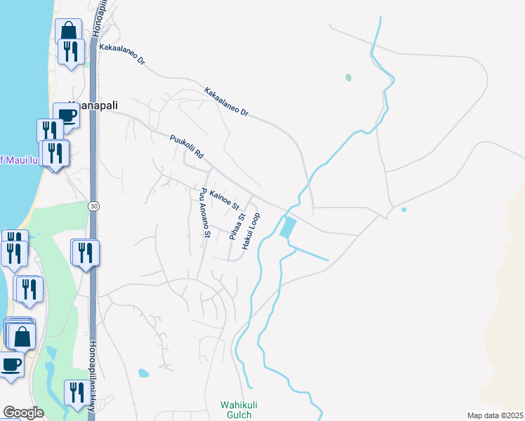 map of restaurants, bars, coffee shops, grocery stores, and more near 45 Hakui Loop in Lahaina