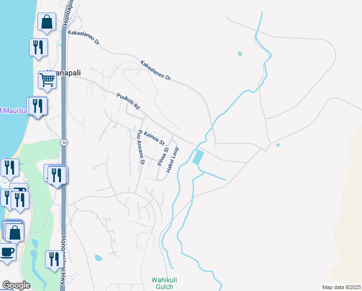 map of restaurants, bars, coffee shops, grocery stores, and more near 45 Hakui Loop in Lahaina