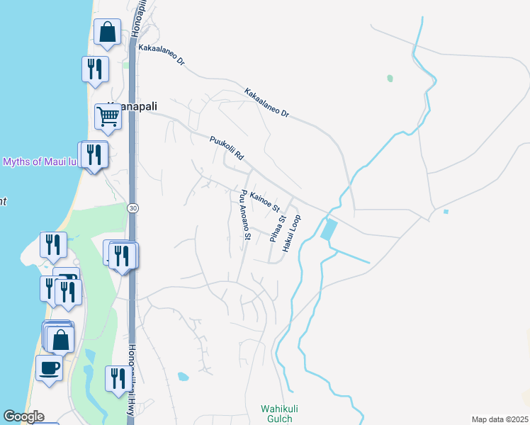 map of restaurants, bars, coffee shops, grocery stores, and more near 60 South Piki Place in Lahaina