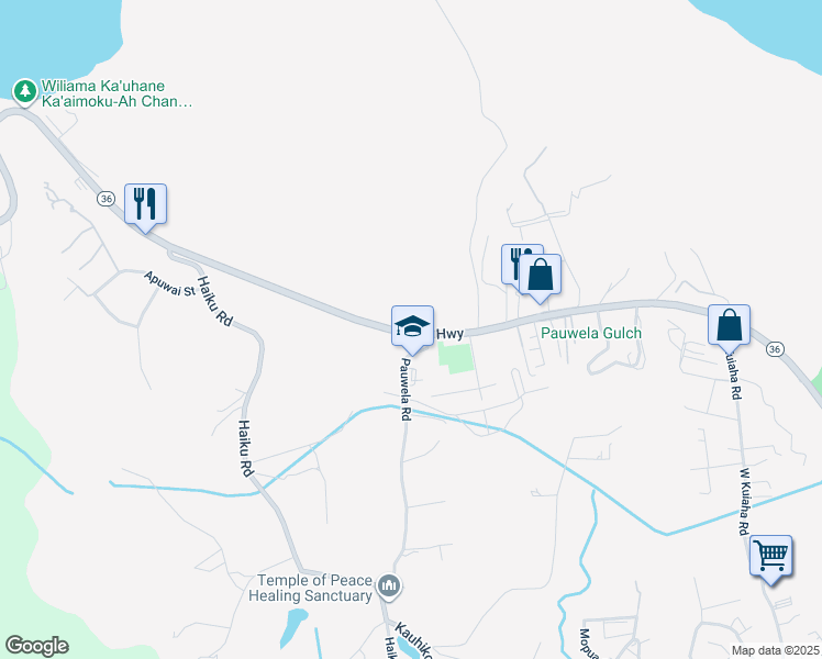 map of restaurants, bars, coffee shops, grocery stores, and more near Hana Highway in Maui County
