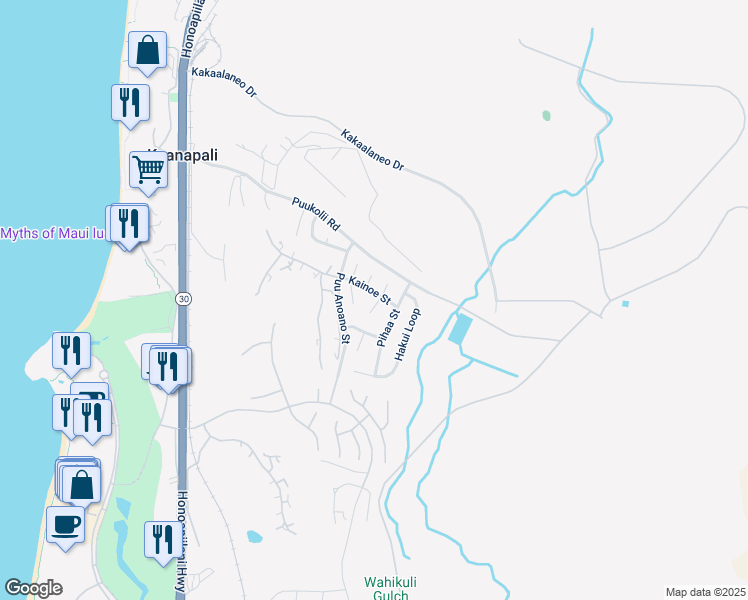map of restaurants, bars, coffee shops, grocery stores, and more near 60 South Piki Place in Lahaina