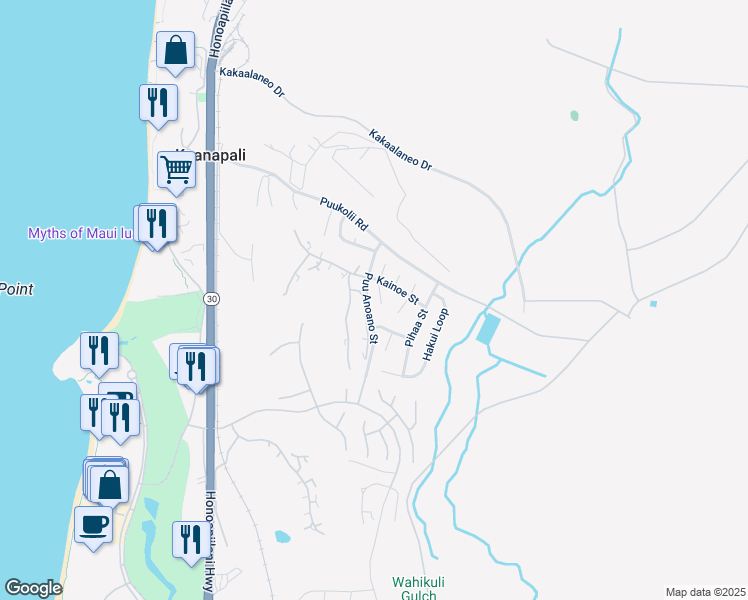 map of restaurants, bars, coffee shops, grocery stores, and more near 78 South Iwa Place in Lahaina