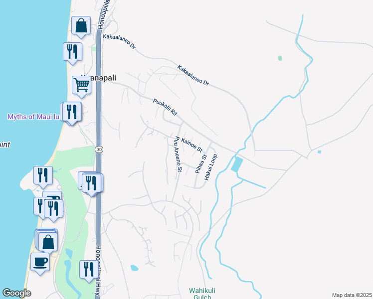 map of restaurants, bars, coffee shops, grocery stores, and more near 81 South Iwa Place in Lahaina