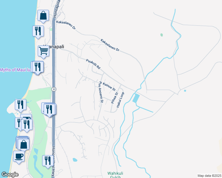 map of restaurants, bars, coffee shops, grocery stores, and more near 336 Kainoe Street in Lahaina