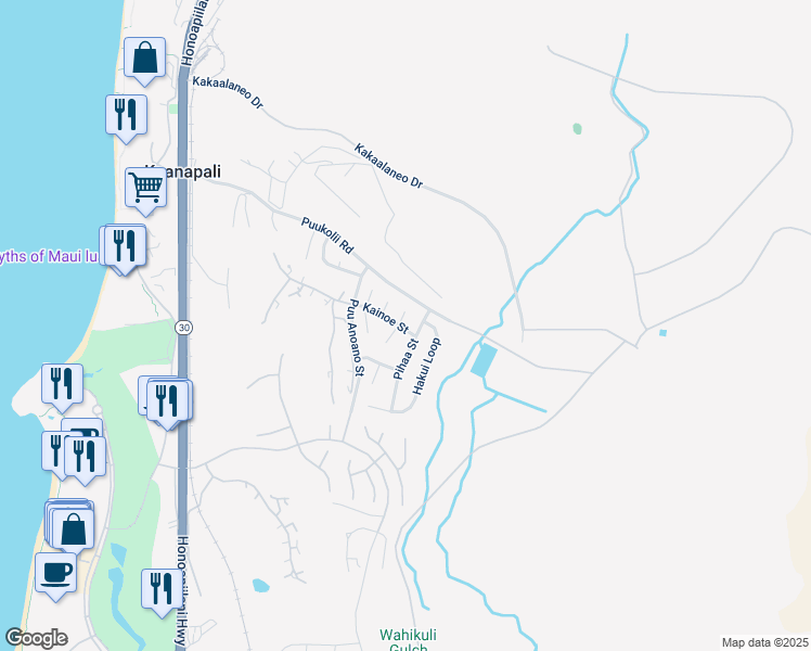 map of restaurants, bars, coffee shops, grocery stores, and more near 43 North Piki Place in Lahaina