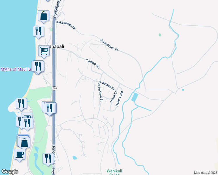 map of restaurants, bars, coffee shops, grocery stores, and more near 326 Kainoe Street in Lahaina