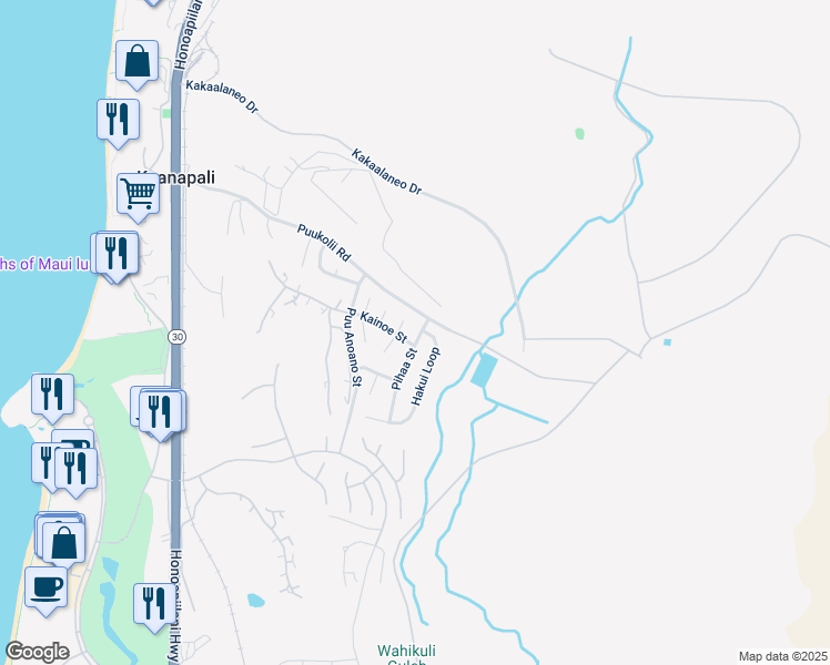 map of restaurants, bars, coffee shops, grocery stores, and more near 30 Pihaa Street in Lahaina