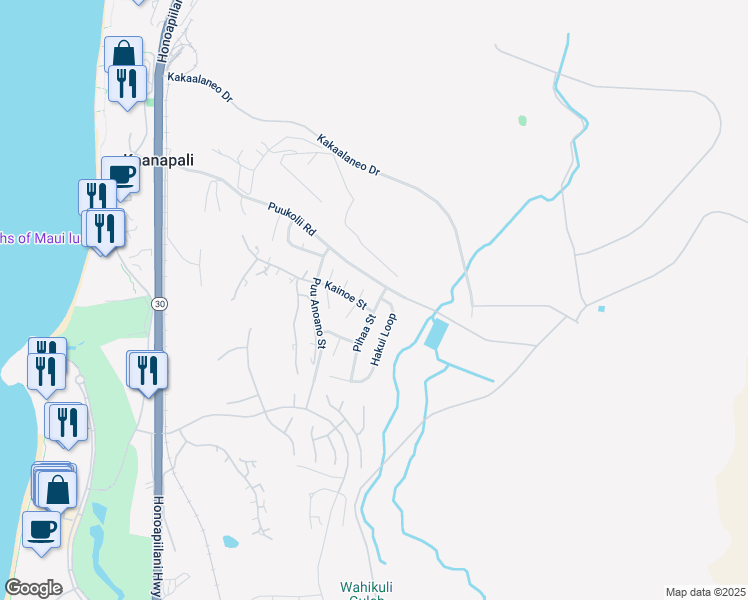 map of restaurants, bars, coffee shops, grocery stores, and more near 30 Pihaa Street in Lahaina