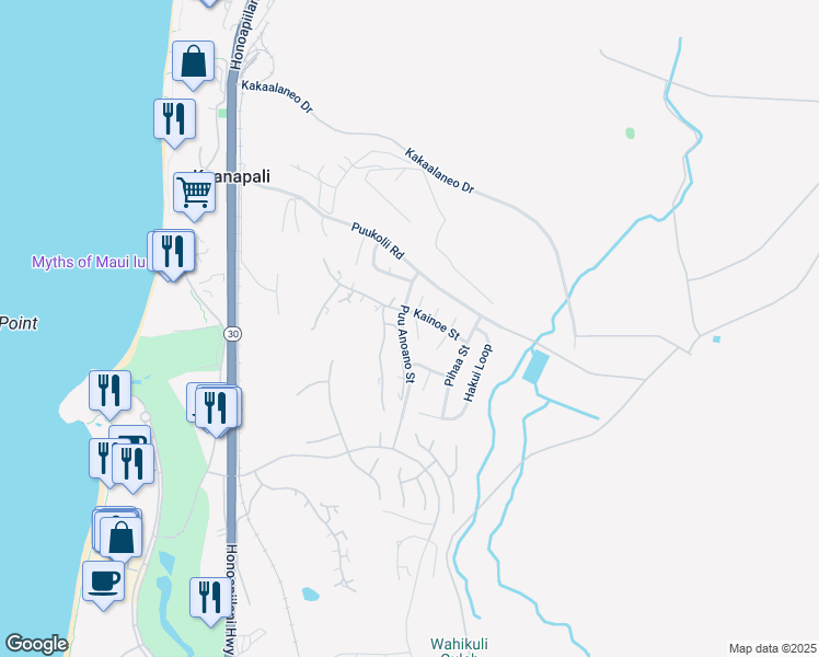map of restaurants, bars, coffee shops, grocery stores, and more near 70 South Iwa Place in Lahaina