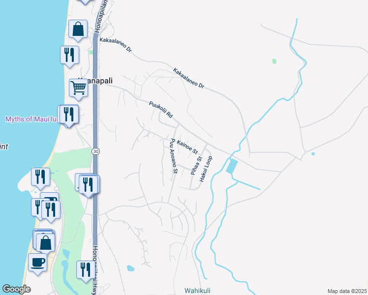 map of restaurants, bars, coffee shops, grocery stores, and more near 320 Kainoe Street in Lahaina