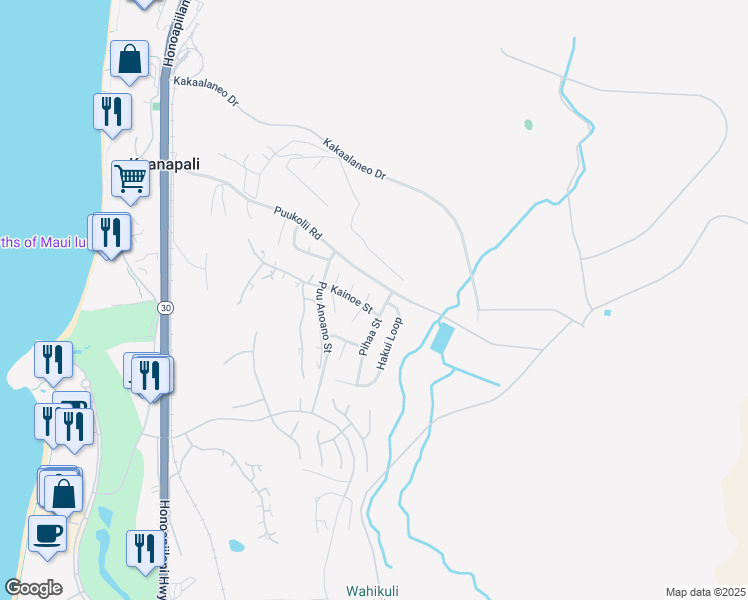 map of restaurants, bars, coffee shops, grocery stores, and more near 33 North Piki Place in Lahaina