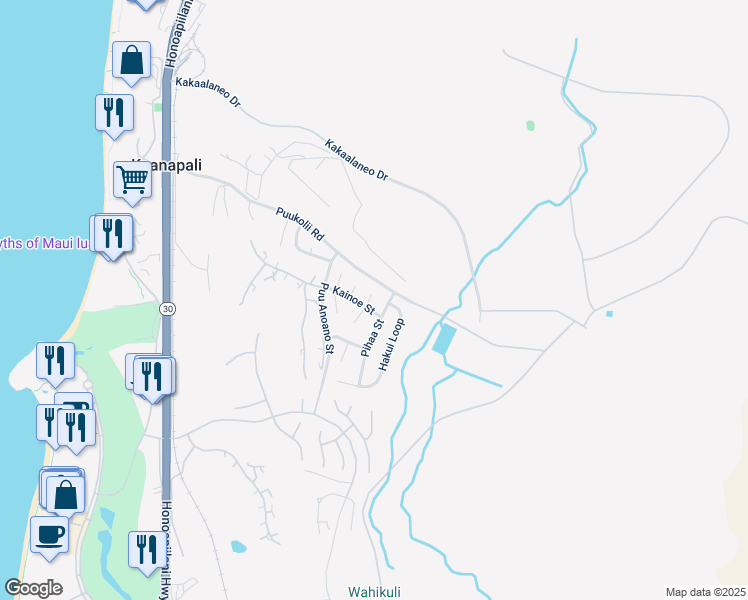 map of restaurants, bars, coffee shops, grocery stores, and more near 33 North Piki Place in Lahaina