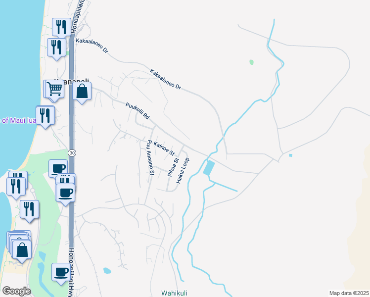 map of restaurants, bars, coffee shops, grocery stores, and more near 21 Hakui Loop in Lahaina